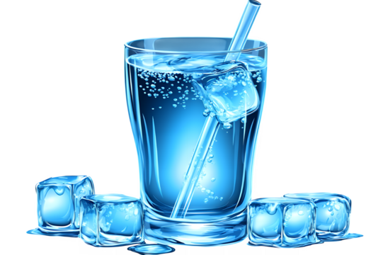 Tall glass of refreshing clear water with ice cubes and bubbles straw inserted Drink