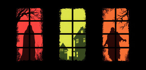 Three spooky windows with silhouettes of a grim reaper, haunted house, and zombie against colorful backgrounds.