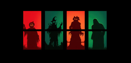 Spooky Halloween silhouettes of a pumpkin, witch, monster, and grim reaper in colorful window frames, creating a festive and eerie atmosphere.