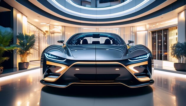 futuristic luxury car on display in a showroom with elegant lighting and stylish design