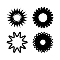 Abstract Geometric Starburst Badge Shapes Collection – Modern Black Radial Symbols, Decorative Sunburst, Mandala Inspired Floral Icons, Retro Burst Elements for Logo and Pattern Design.