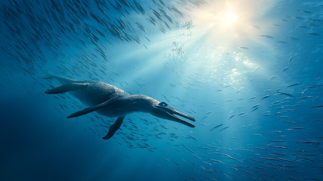 Ichthyosaurus swimming underwater chasing school of fish in sunlight