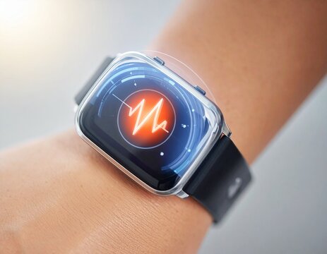 Close-up of transparent smart wristband displaying heart rate hologram, sleek futuristic design. - Powered by Adobe