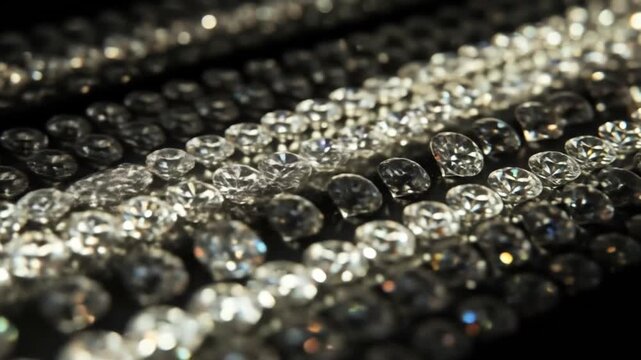 Rows of scattered clear gemstones glisten against a dark background