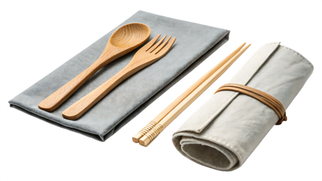 Natural wooden cutlery set with chopsticks and cloth roll on a grey stone plate isolated on transparent background