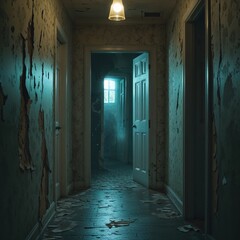 Obraz premium Dark, abandoned hallway with peeling wallpaper and dim light at twilight