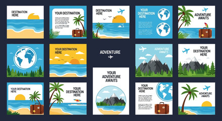 Dynamic collection of illustrated travel concept templates for social media posts, ideal for promoting beach getaways, mountain adventures, and global exploration