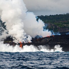 Fototapeta premium Volcanic eruption near the ocean