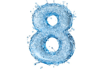 Digit eight formed by splashing clear blue water with droplets and spray against black