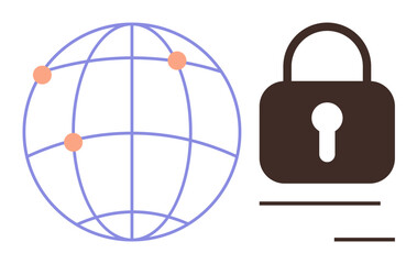 Globe with interconnected points alongside a padlock symbolizing cyber protection, secure communication, and global data security. Ideal for technology, internet safety, digital privacy, online