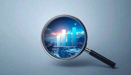 Business analysis of a modern city with a magnifying glass focusing on financial growth and urban development.