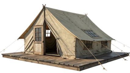 Vintage canvas wall tent with wooden porch and door set up for outdoor camping adventures isolated on transparent background