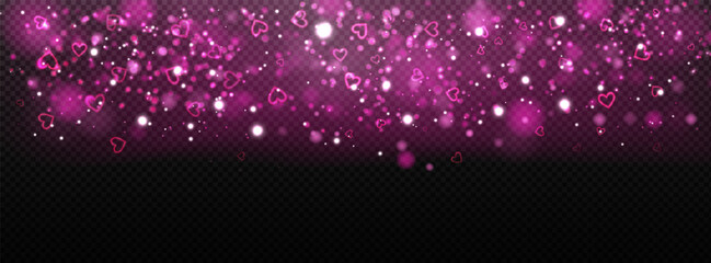 Shiny heart overlay with dark light rays, sparkling confetti, glitter and pink red glow. Stock vector illustration in abstract style.