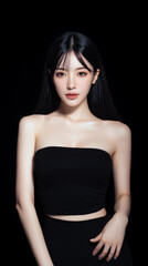 Naklejka premium Elegant Korean woman in black outfit posing against a dark background during a creative photography session