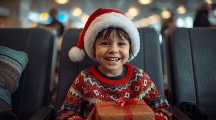 Happy child in Santa hat and colorful Christmas sweater holding present at airport, festive holiday family travel scene, joyful winter vacation and New Year celebration journey concept