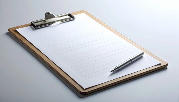 Clipboard with a blank sheet of paper and a pen on a white background.