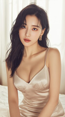 Fototapeta premium Elegant Korean woman in silk dress poses gracefully in a serene bedroom setting with soft natural light filtering through curtains