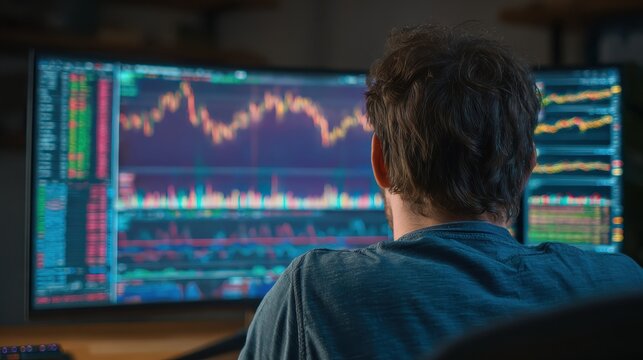 crypto trader investor analyst broker using pc computer analyzing digital cryptocurrency exchange stock market charts graphs thinking of investing funds risks in trading platform global analytics no