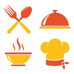 Various culinary icons are displayed, including crossed utensils, a covered dish, a bowl with steam, and a chef's hat.