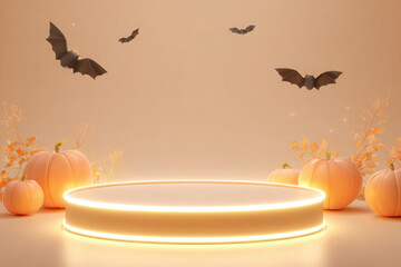 Halloween product display with glowing podium, pumpkins, and flying bats on a warm orange background, perfect for seasonal promotions.