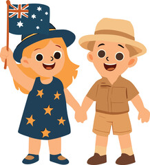 A boy and a girl holding hands. The girl is waving an Australian flag, and both are dressed in festive attire symbolizing national pride.