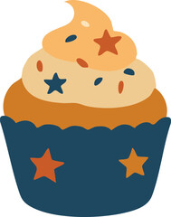 cupcake with orange buttercream frosting, decorated with star-shaped sprinkles and housed in a navy blue wrapper decorated with stars.