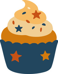 cupcake with orange buttercream frosting, decorated with star-shaped sprinkles and housed in a navy blue wrapper decorated with stars.