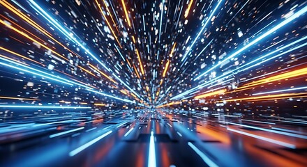 Abstract Digital Futuristic Cityscape With Glowing Lines of Light Speeding Into The Distance