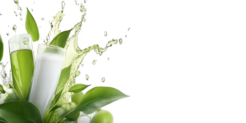 Vibrant green liquid and frothy white drink in glasses surrounded by lush leaves fresh limes and a dynamic splash