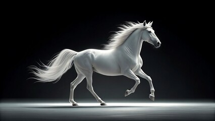 White horse running gracefully on dark background with flowing mane and tail
