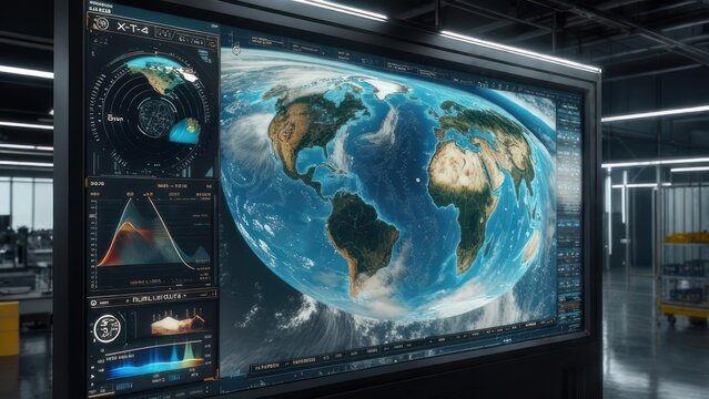 Futuristic Earth Monitoring Display: Detailed Global Data Visualization, High-Tech Interface.