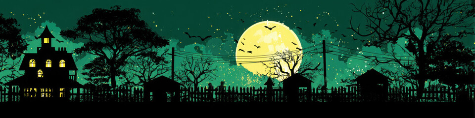 Spooky Halloween night scene with a haunted house, full moon, bats, and bare trees in a dark, eerie landscape.