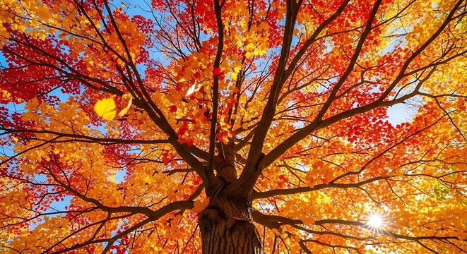 Captivating autumnal canopy: A symphony of scarlet and amber leaves against the sky