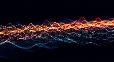 Abstract Digital Wavy Soundwave Visualization with Glowing Particles on Black Background