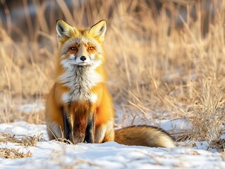 Fototapeta premium Fox is sitting in the snow with its tail curled up