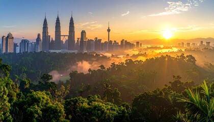 A breathtaking sunrise paints the skyline of a vibrant city, nestled amongst lush, green foliage.