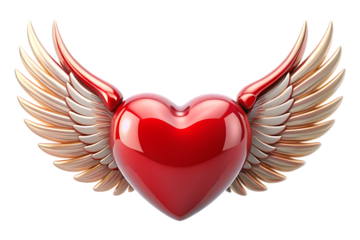 Glossy red heart with golden wings isolated on a transparent background