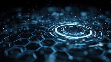 abstract blue hexagon pattern with white circular technological design element in center showcasing modern technology and connection concept ideal for tech background