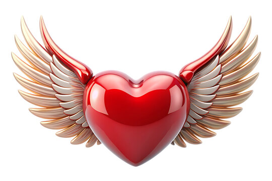 Glossy red heart with golden wings isolated on a transparent background