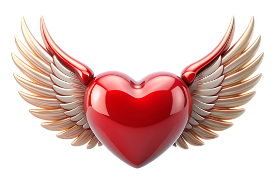 Glossy red heart with golden wings isolated on a transparent background