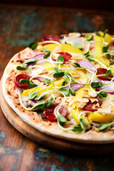 Pizza with chorizo ​​sausage, mozzarella cheese and yellow pepper. Rustic wooden background. Soft focus.	