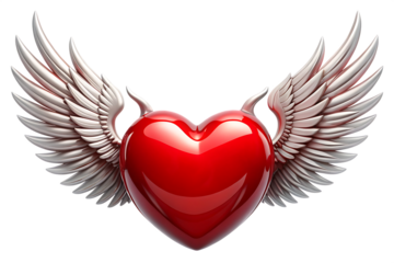 Glossy red heart with wings isolated on a transparent background