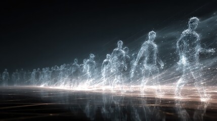 a conceptual image of human silhouettes flowing through a digital network depicting the interconnectedness of humanity and technology in a digital age
