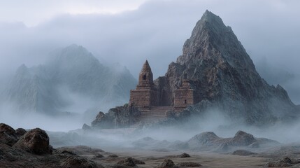 fantasy fortress ruin on a misty planet