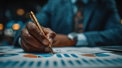 Busy Businessman Deeply Analyzing Sales Data at a Coffee Shop Ideal for Presentations and Marketing Materials, Evokes Focus and Productivity.