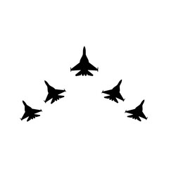 Silhouette of five fighter jets in formation against a plain white background.