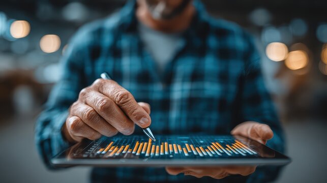 Dynamic Businessman Deeply Engrossed in Financial Analysis on Tablet, Perfect for Modern Presentations and Digital Campaigns.