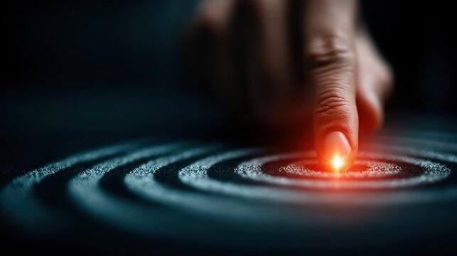 Businessman Engrossed in Strategic Planning, Touching Glowing Spiral Target Arrows Ideal for Presentations and HighPerformance Campaigns, Evoking Focus and Determination.