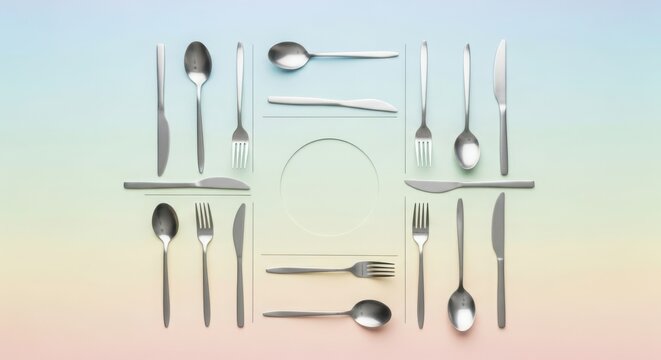 A collection of silverware including forks, knives, and spoons arranged in a decorative pattern on a soft pastel gradient background