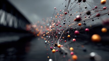 Abstract networking diagram illustrating interconnected data points and data flow with golden and black spheres on a gray wall background